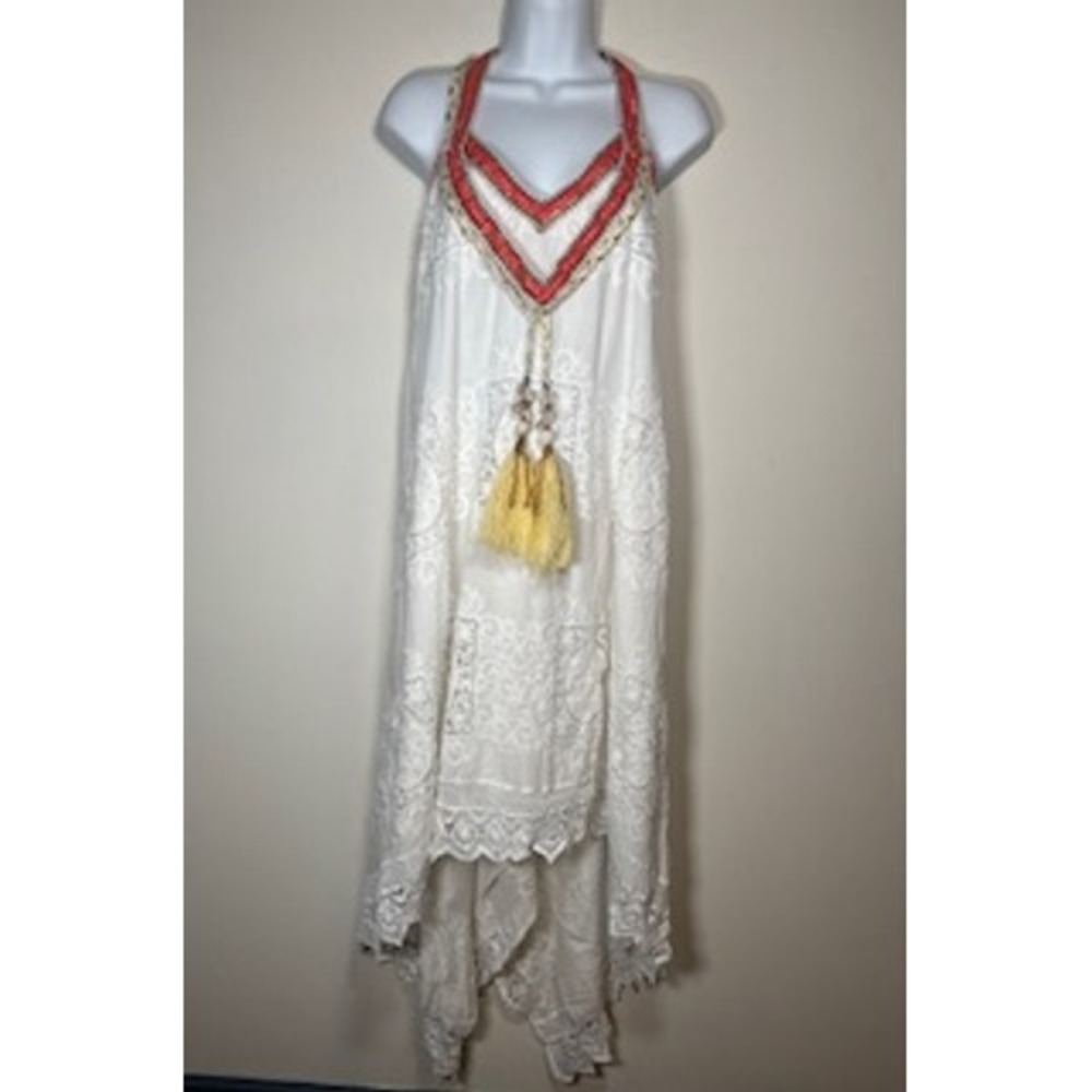 BOSTON PROPER Halter Dress M White Embroidered Beaded Boho Handkerchief Hem